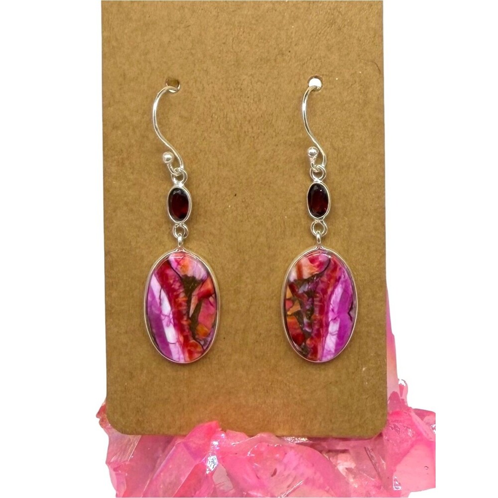 Kingman Pink Dahlia Turquoise Garnet Earrings Solid 925 Sterling Silver